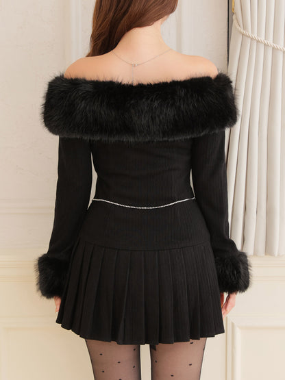 【Pre Order】Off shoulder fur pleated onepiece(eme10731)