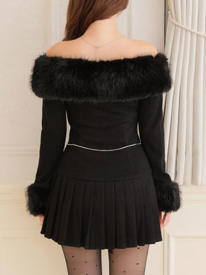 Off shoulder fur pleated onepiece(eme10731)