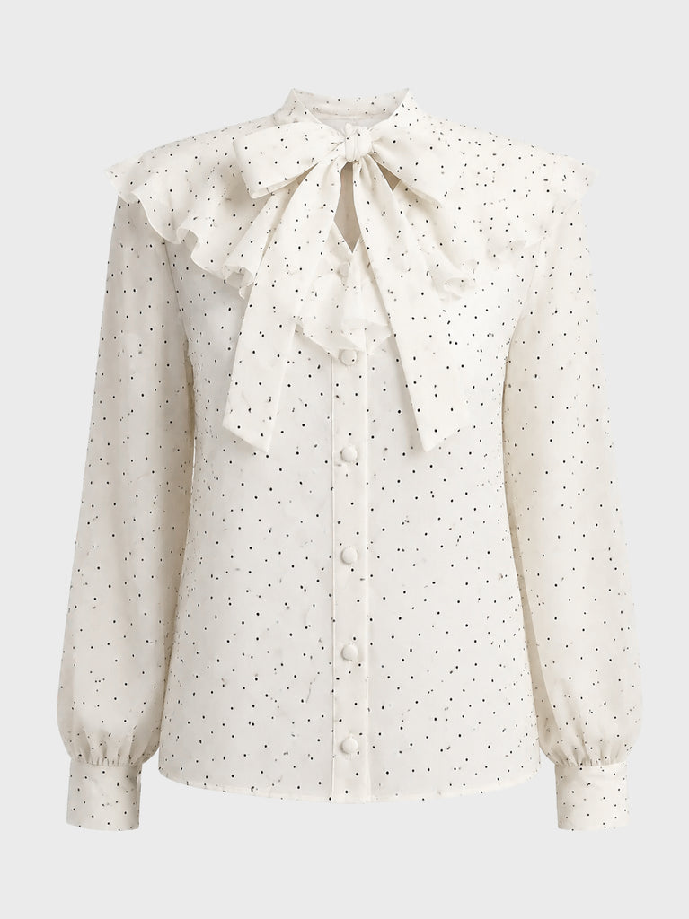 【SALE】【70％OFF】Dot flocky ruffle ribbon blouse (eme10228)