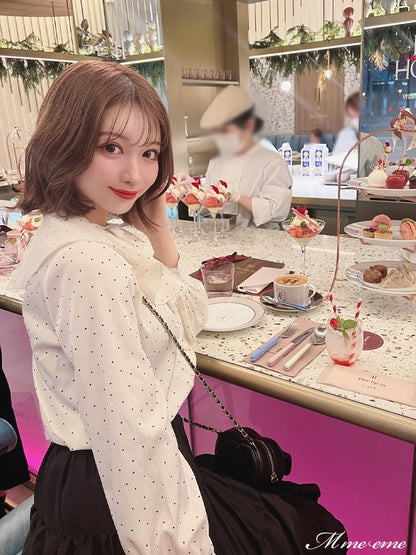 【SALE】Dot flocky ruffle ribbon blouse (eme10228)