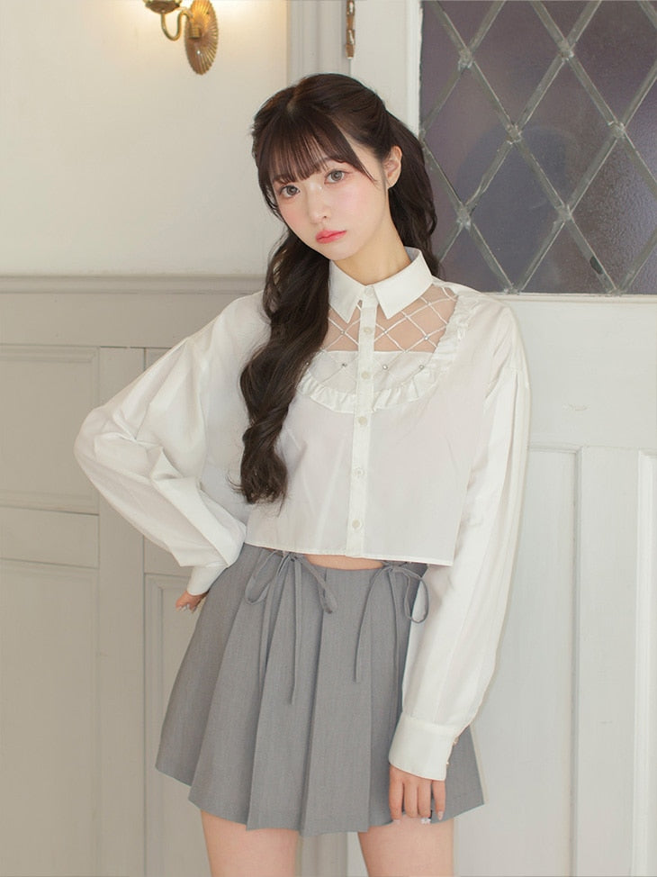 【SALE】Sheer bijou cropped shirt (eme10430)