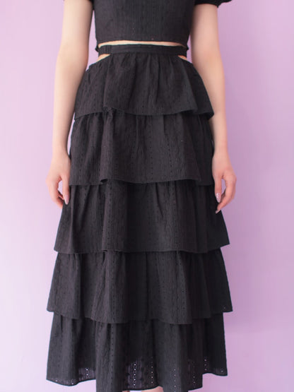 【SALE】Cotton lace tiered long skirt (eme10438)