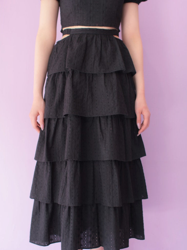 【SALE】Cotton lace tiered long skirt (eme10438)