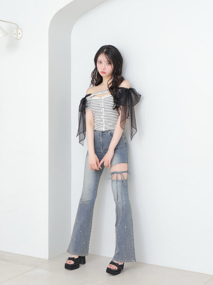 Decollete cut tulle ribbon tops(eme10398)