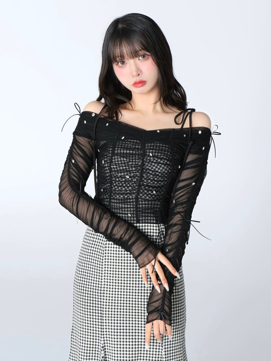 Gingham check ensemble long onepiece(eme10812)
