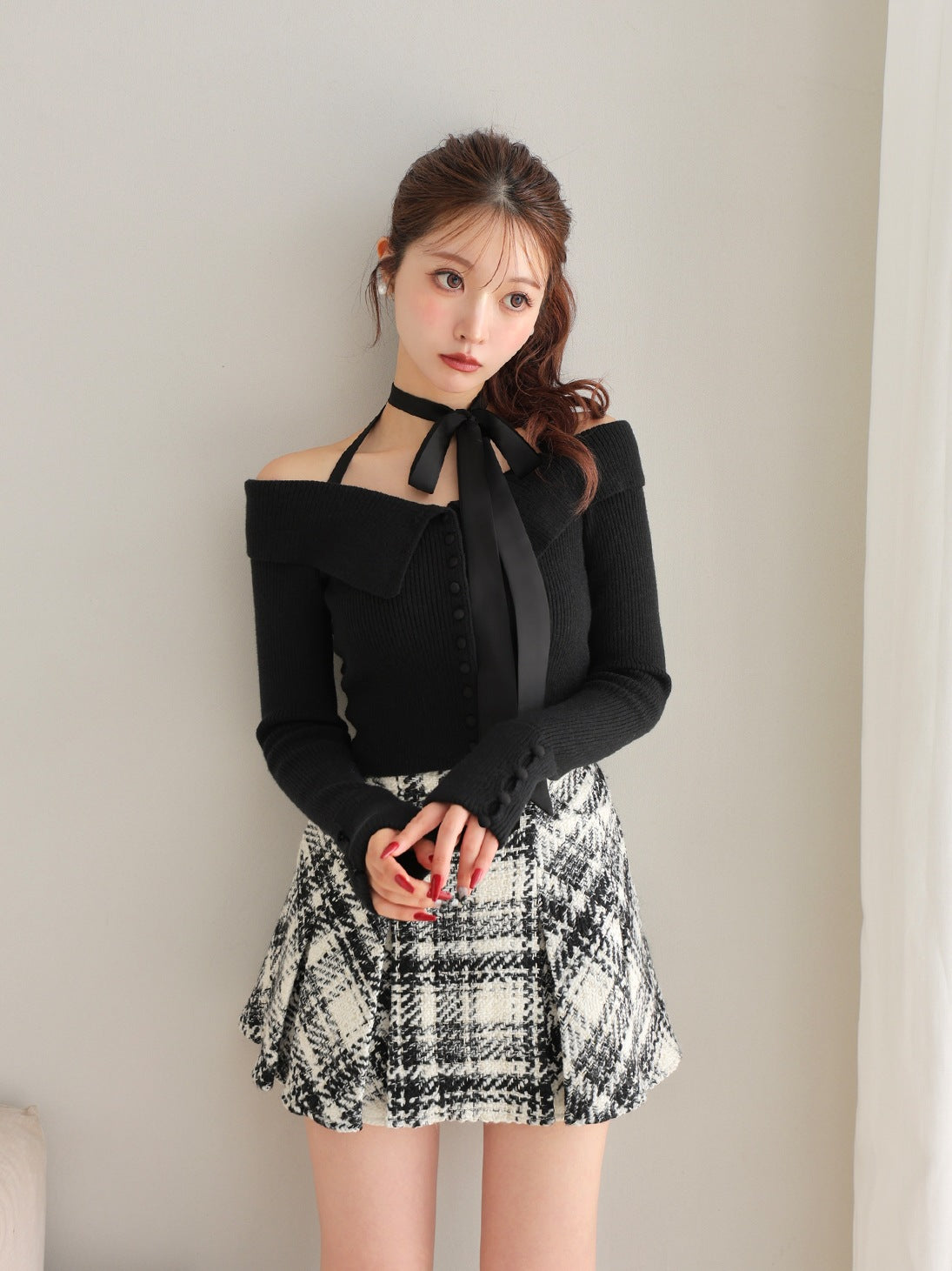 Decollete ribbon off shoulder knit tops(eme10371)