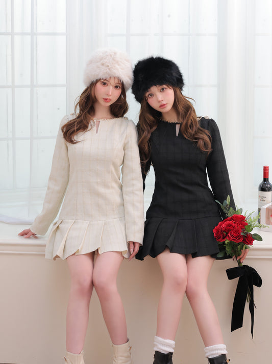 【SALE】Tweed check pleated onepiece(eme10563)