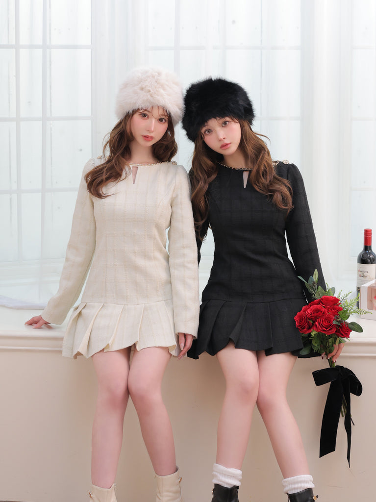 Tweed check pleated onepiece(eme10563)