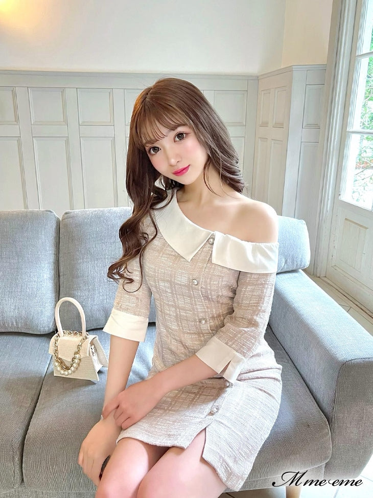 【SALE】 One shoulder tweed dress (eme10217)