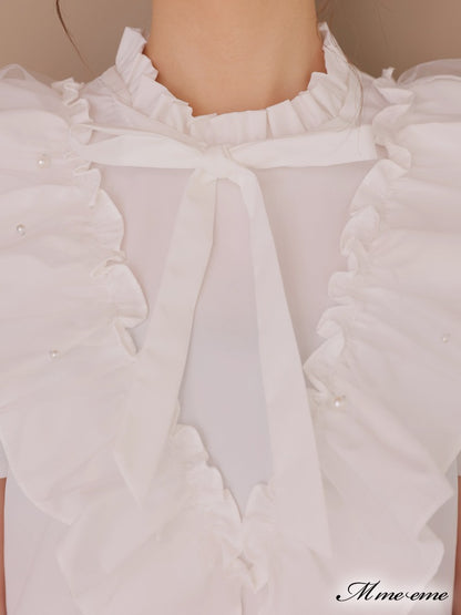 【SALE】Pearl ruffle bow tie blouse (eme10224)