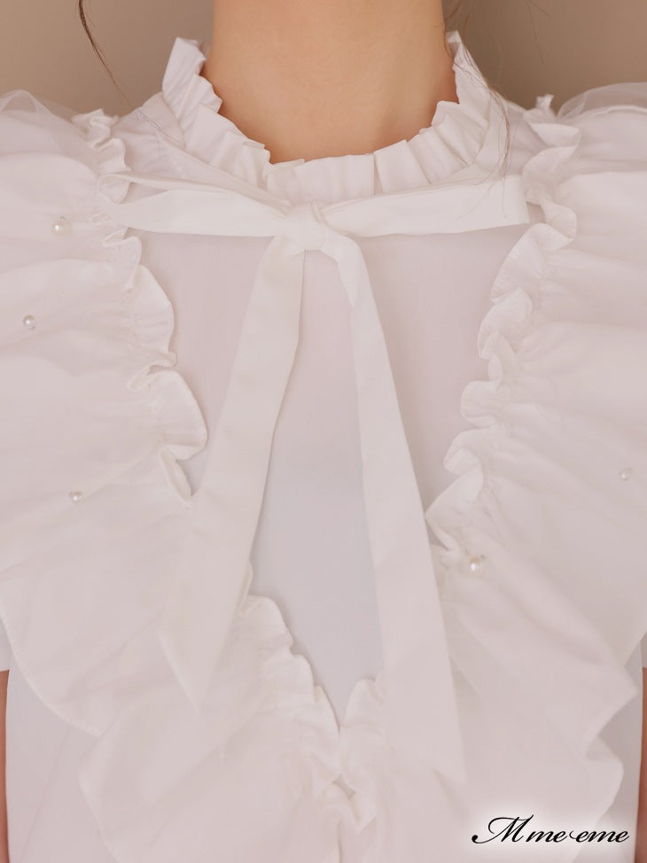 【SALE】Pearl ruffle bow tie blouse (eme10224)