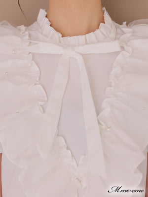 【SALE】Pearl ruffle bow tie blouse (eme10224)