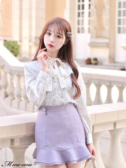 【SALE】Dot flocky ruffle ribbon blouse (eme10228)