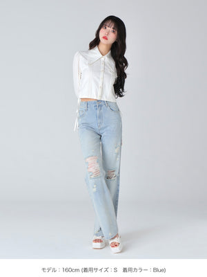 Side ribbon straight denim(eme10390)