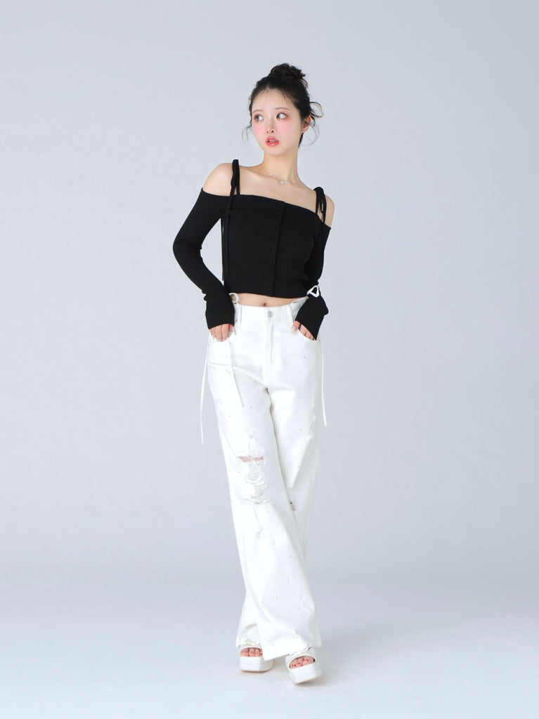 Off shoulder ribbon knit tops(eme10397)