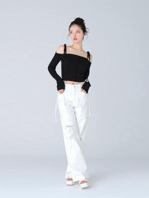 Off shoulder ribbon knit tops(eme10397)