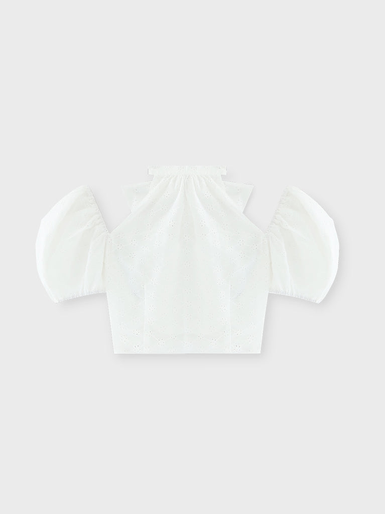 Cotton lace cut-out tops(eme10476)