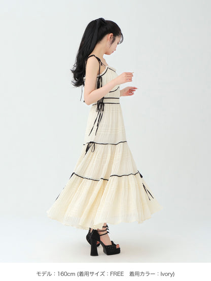 Side ribbon tiered chiffon long onepiece(eme10385)