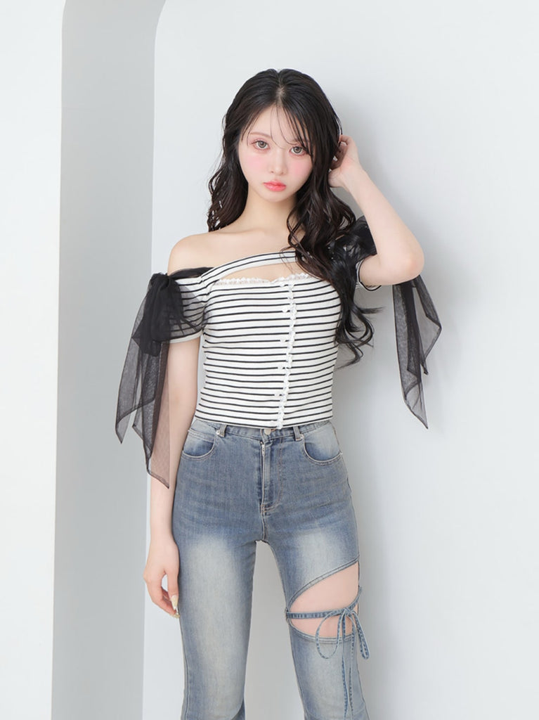 Decollete cut tulle ribbon tops(eme10398)