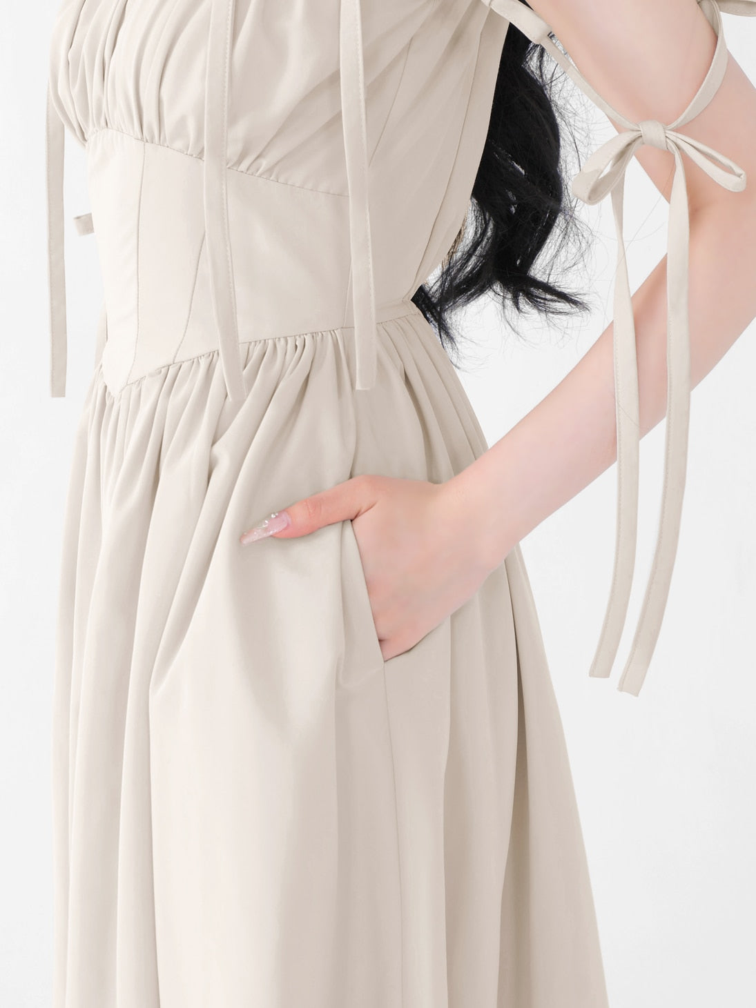 Ribbon gather flare long onepiece(eme10713)