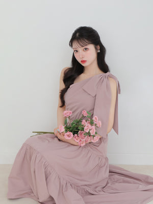 One shoulder ribbon flare onepiece(eme10543)