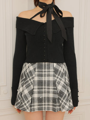 Decollete ribbon off shoulder knit tops(eme10371)