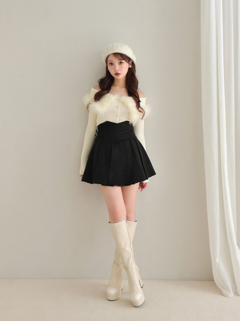 High waist belt pleated mini skirt(eme10758)