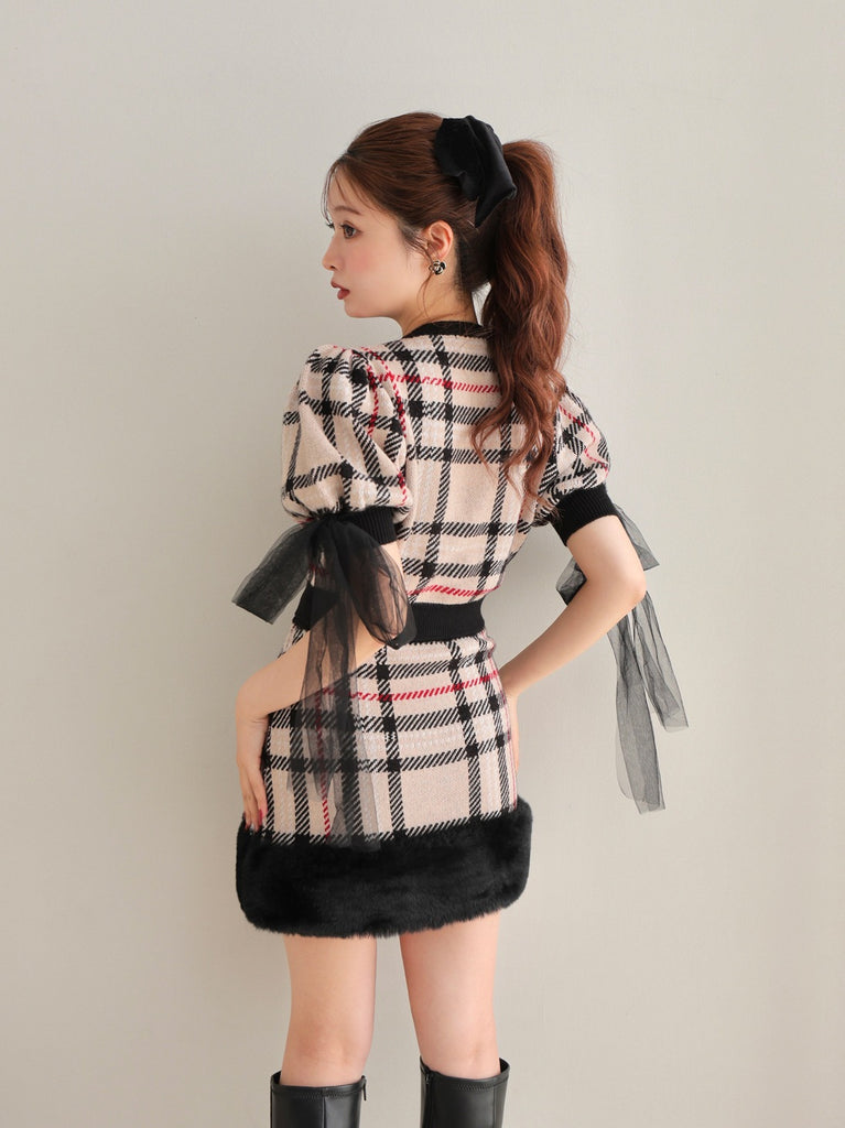 Royal tartan fur skirt(eme10778)