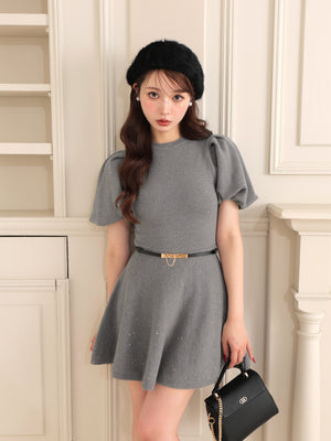 Sequin puff knit belt onepiece(eme10552)