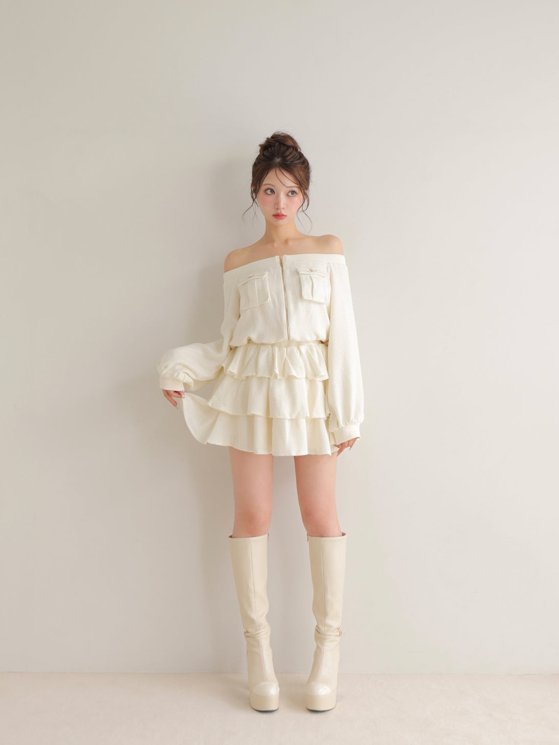 【Pre Order】Tweed zip ruffle set up(eme10566)