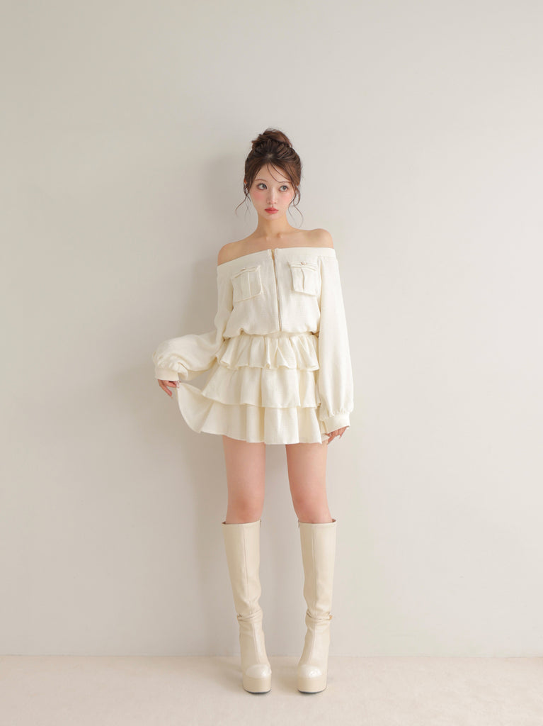 【Pre Order】Tweed zip ruffle set up(eme10566)
