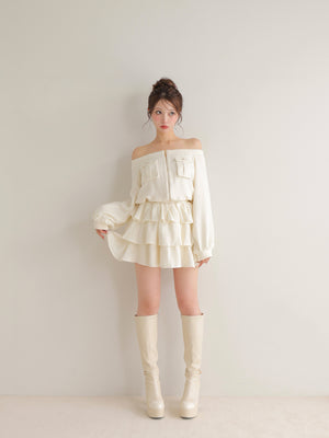 【Pre Order】Tweed zip ruffle set up(eme10566)