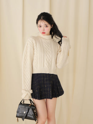 【SALE】Heart cable ribbon knit tops (eme10249)