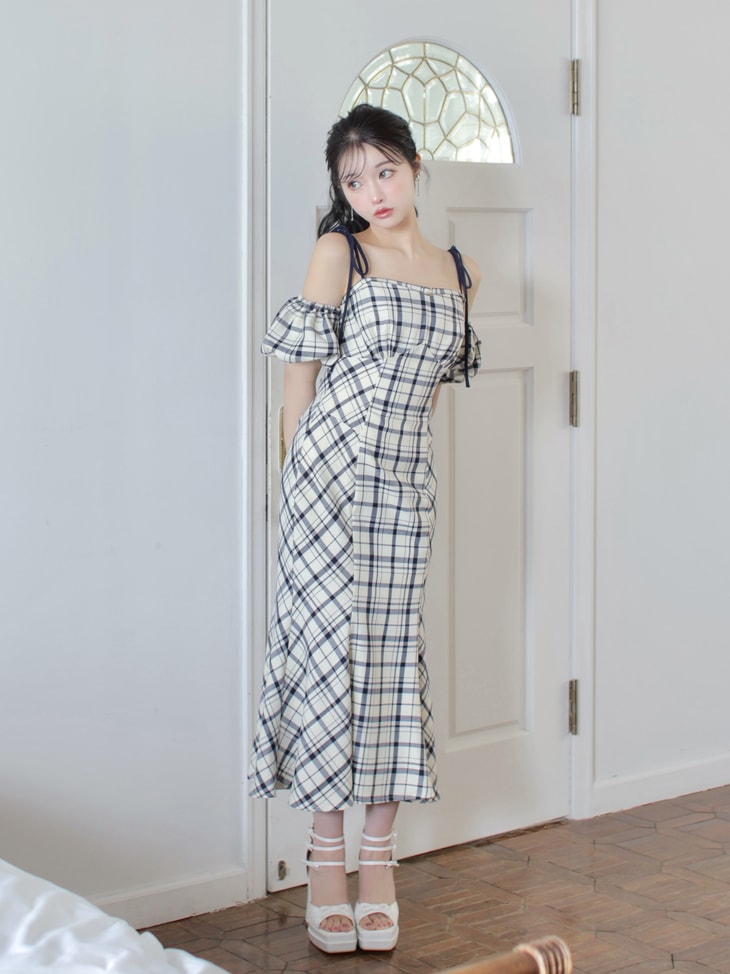 【SALE】2way check long mermaid dress (eme10514)