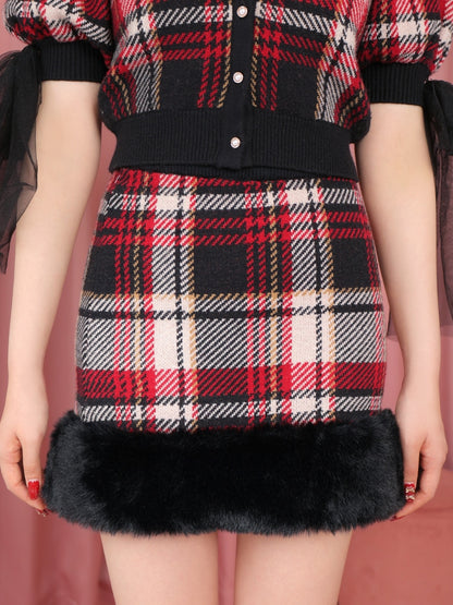 【SALE】Check knit fake fur skirt(eme10365)