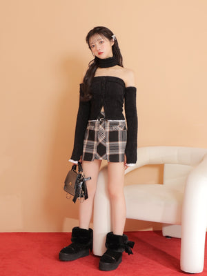High waist check mini skirt(eme10449)