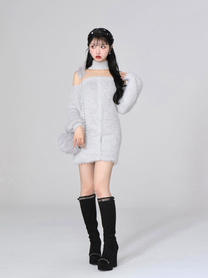 Back ribbon shaggy knit mini onepiece(eme10376)