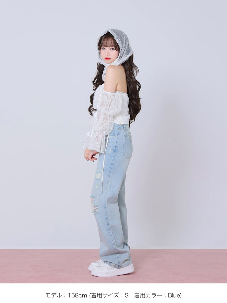 Side ribbon straight denim(eme10390)