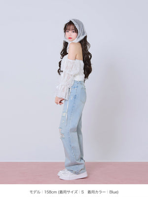 Side ribbon straight denim(eme10390)