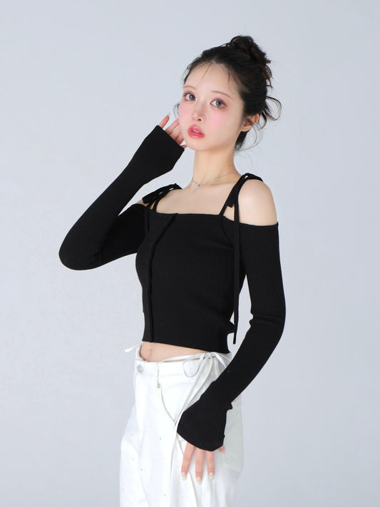Off shoulder ribbon knit tops(eme10397)