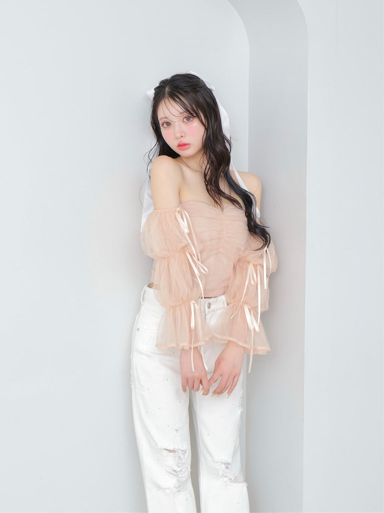 Candy sleeve tulle tops (eme10343)