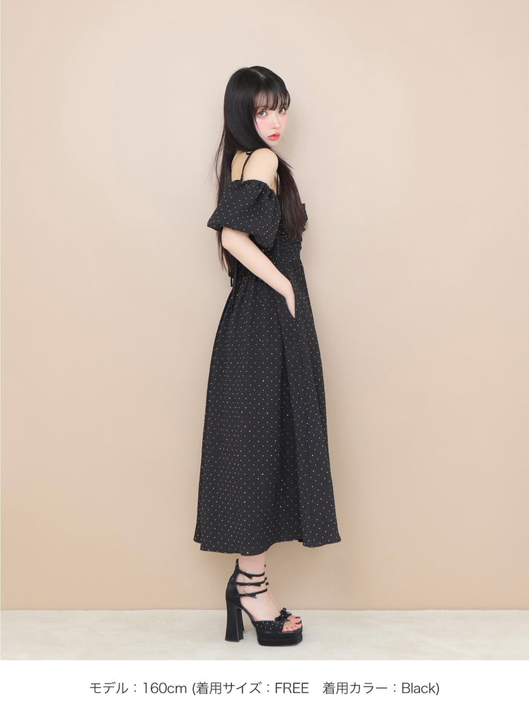 Puff sleeves studded long onepiece(eme10487)