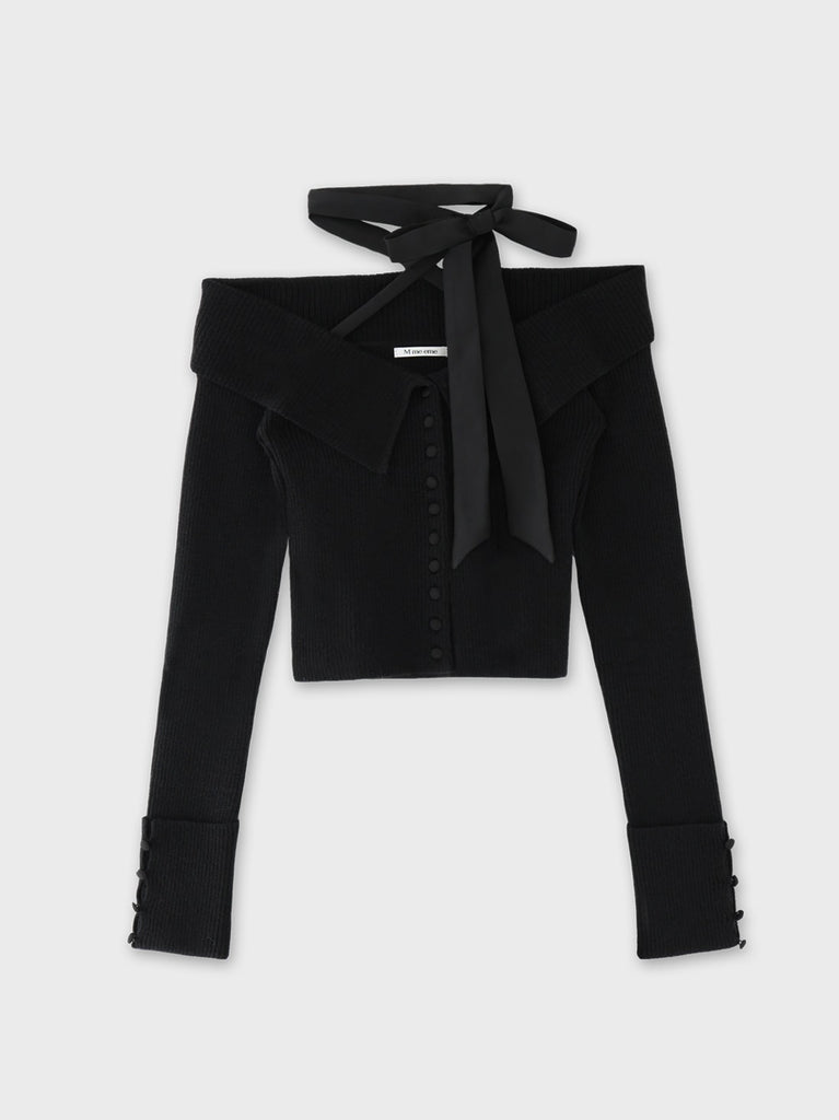 Decollete ribbon off shoulder knit tops(eme10371)