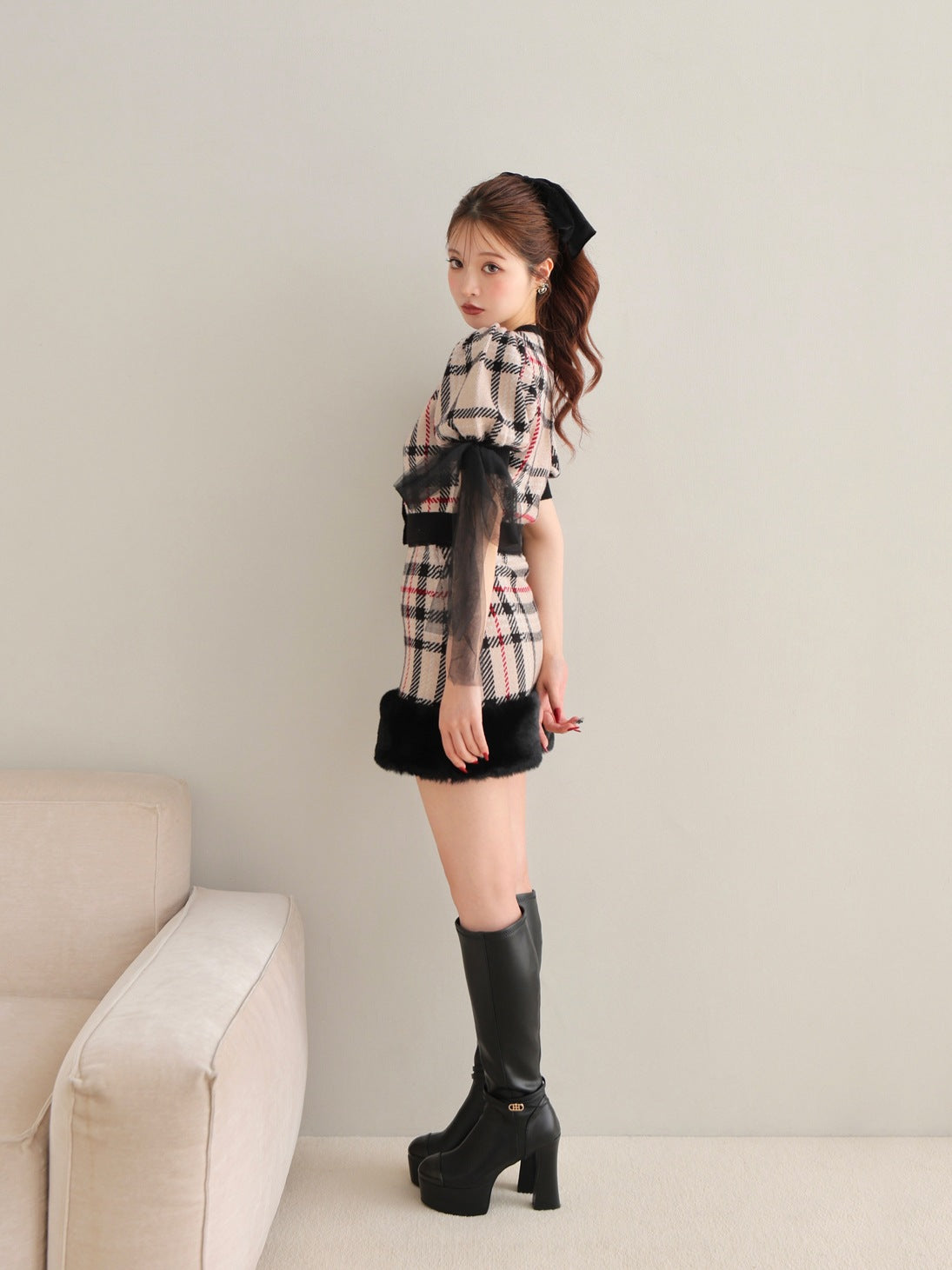 Royal tartan fur skirt(eme10778)