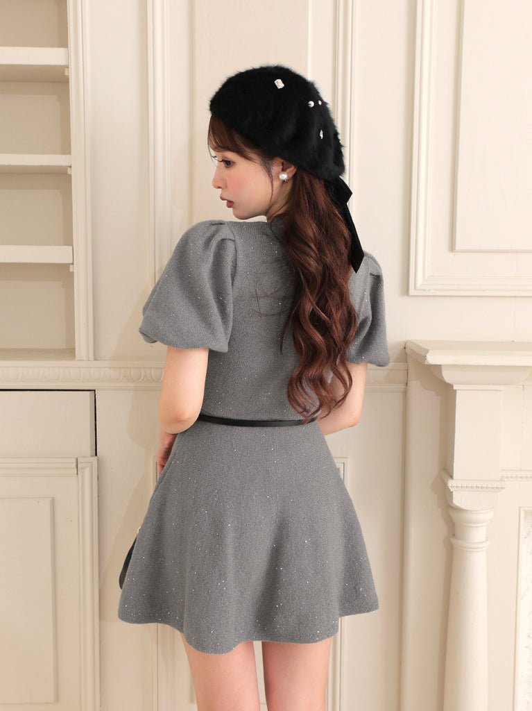 Sequin puff knit belt onepiece(eme10552)