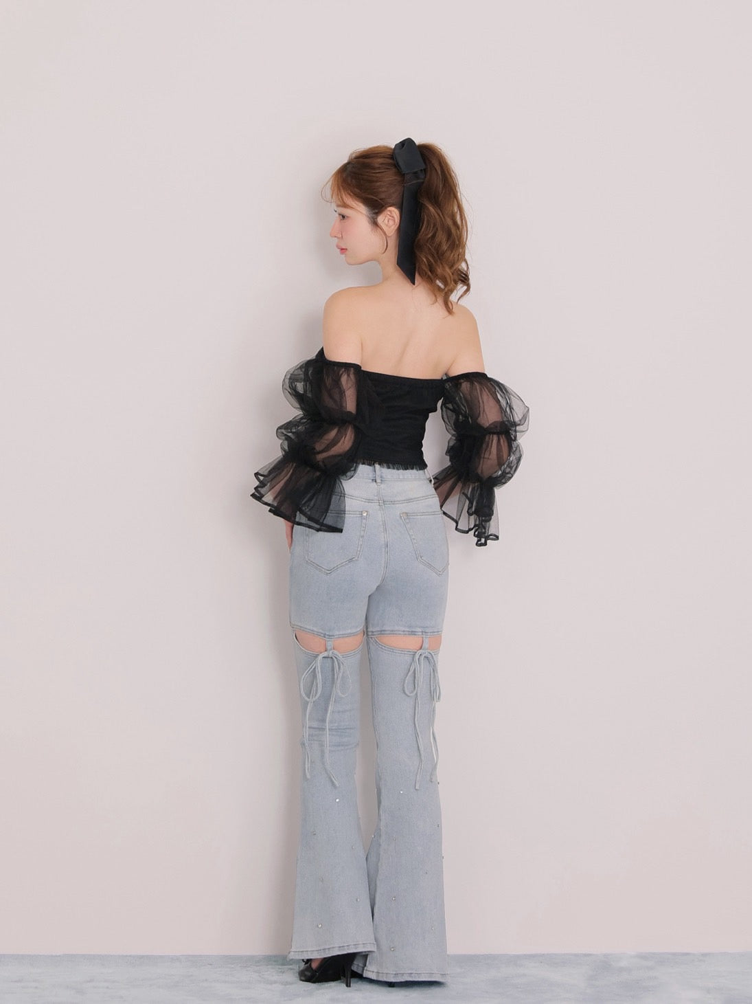 Back ribbon slim flare denim (eme10573)