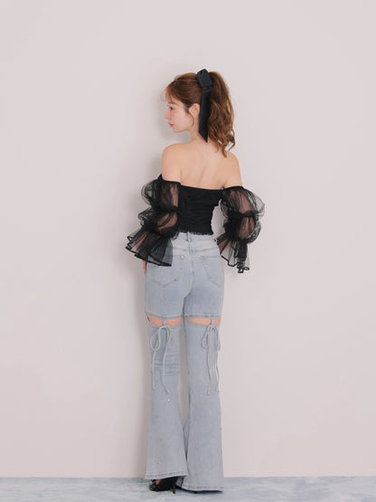 Back ribbon slim flare denim (eme10573)