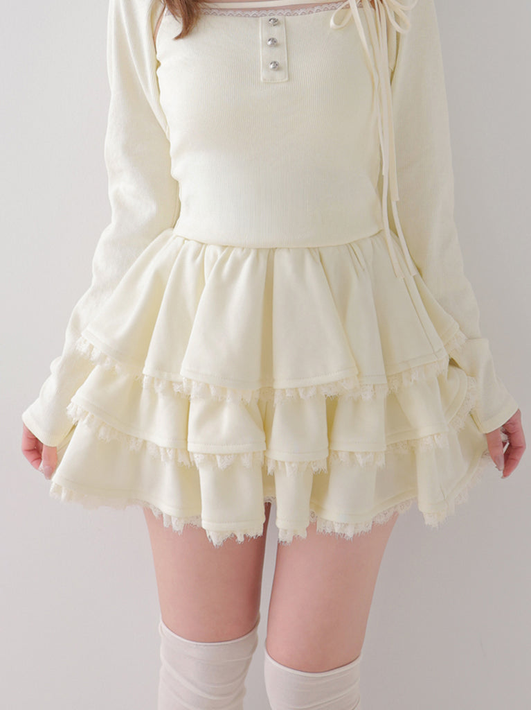 Lace line frill tiered mini skirt(eme10620)